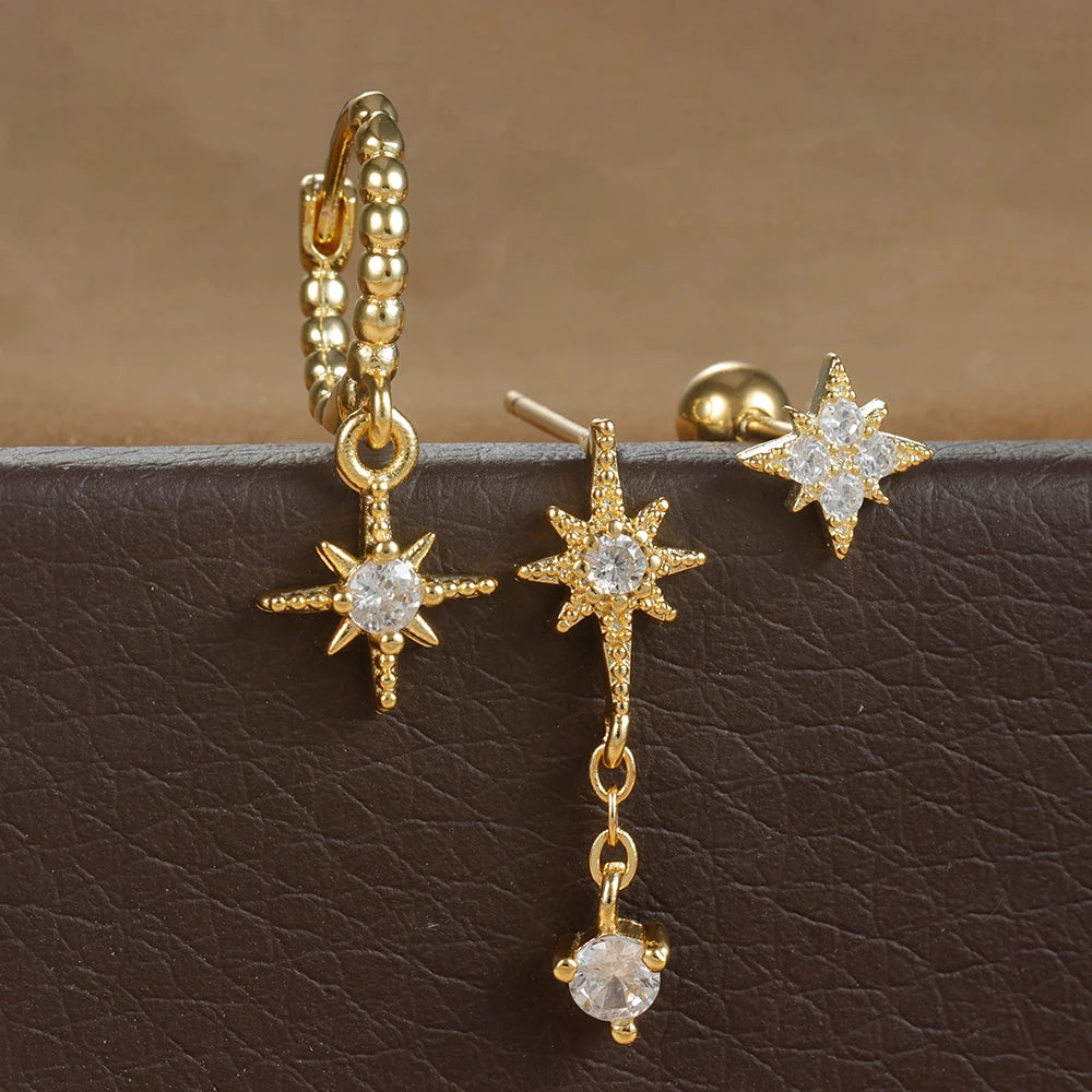 3 Piece Gold Color Star Earrings Set For Women Zircon Pendant Stainless Steel Hoop Earrings Jewelry Wedding