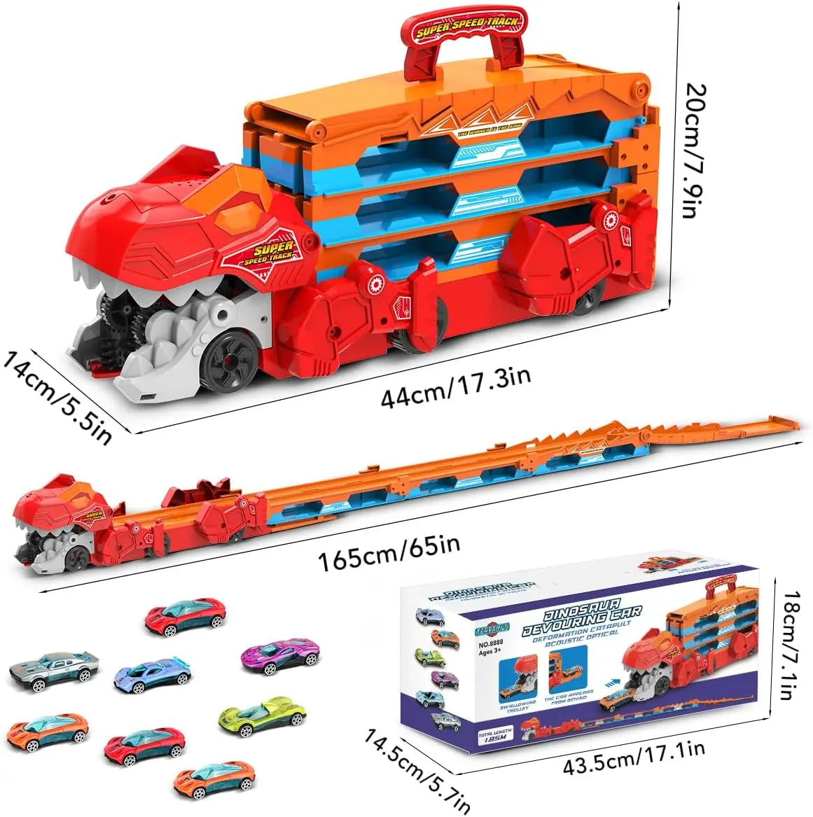 3 In 1 Dinosaur Transport Truck With 8 Race Cars And Ejecting Sound Portable Track For Kids Ages 3 And Up