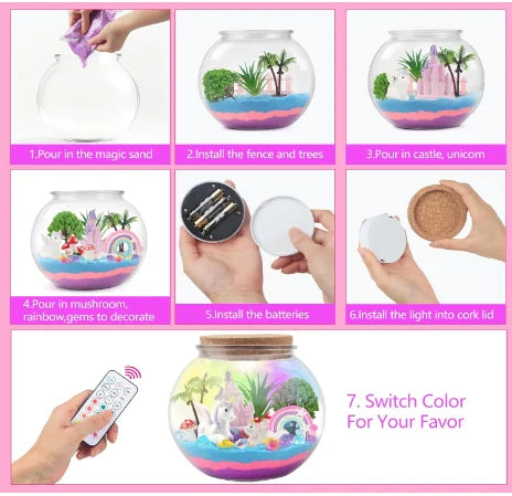 DIY Unicorn Terrarium Fairy Garden Craft Kit With Remote Timing Coloured Lights For Girls Gift