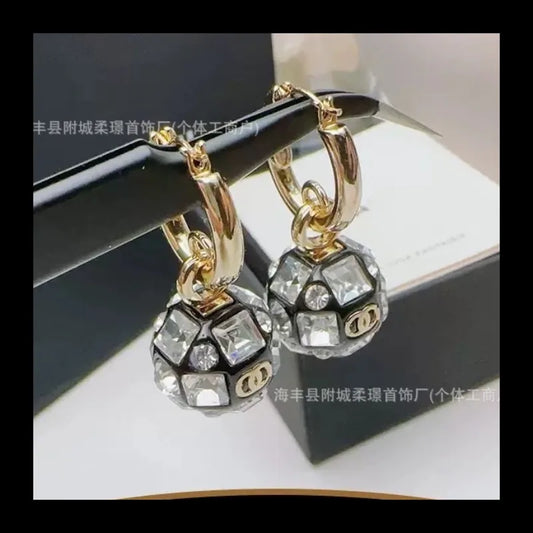 Small Sphere Shape Fashionable Round Ball with Square Diamond Letter Stud Earrings Gold-plated Material