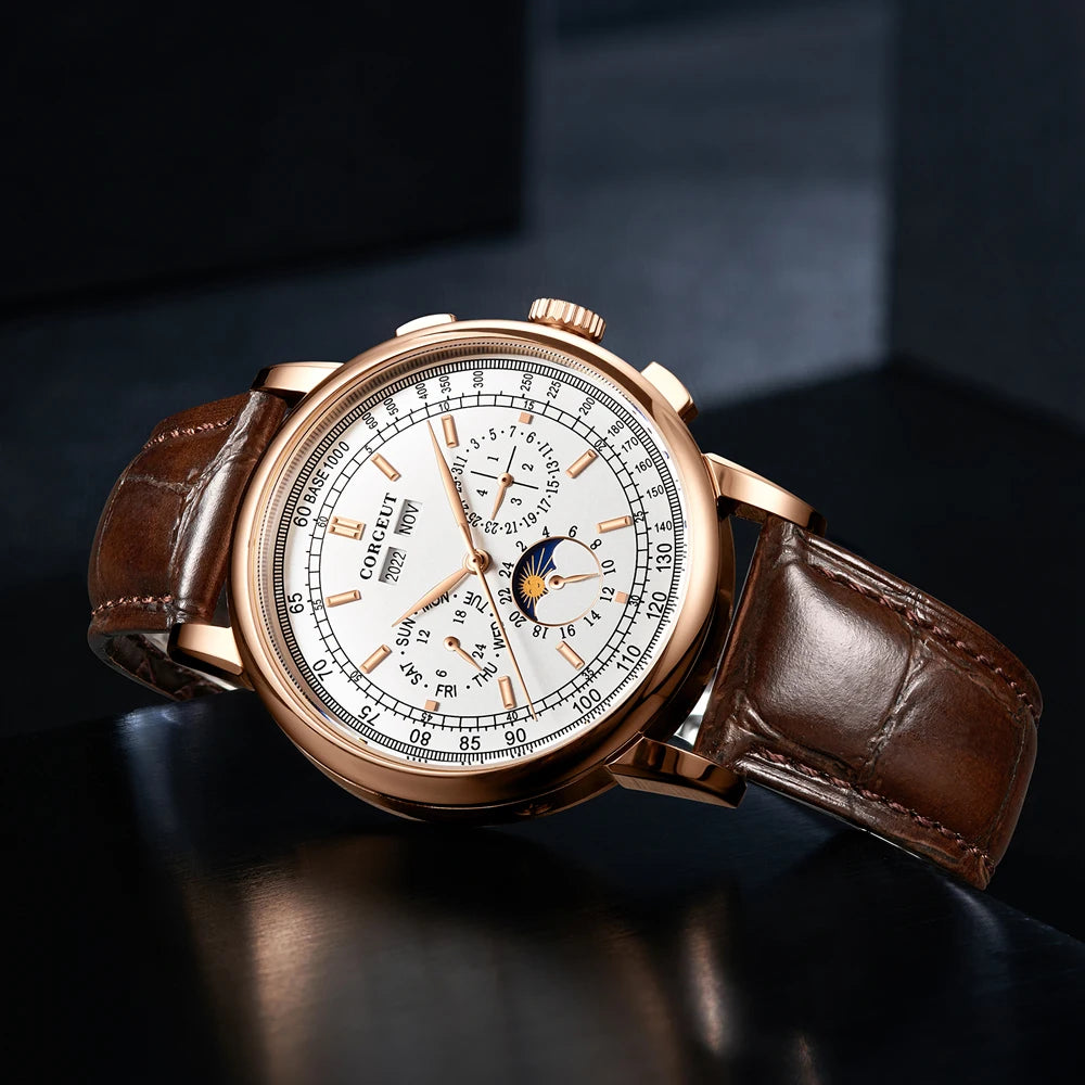 Corgeut 42mm Automatic Mens Watch Rose Gold Case Moon Phase Full Calendar Week Display Leather Strap Stainless Steel