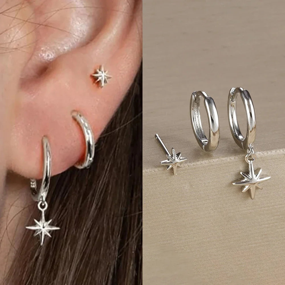 3 Piece Gold Color Star Earrings Set For Women Zircon Pendant Stainless Steel Hoop Earrings Jewelry Wedding