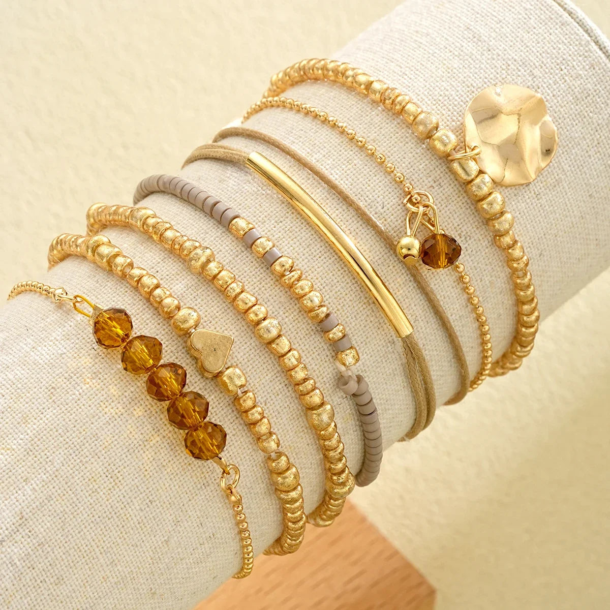 7Pcs Set Bohemian Heart Beads Bracelets For Women With Crystal Round Pendants Elastic Stretch Jewelry Gift