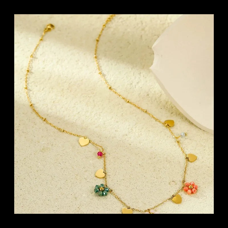 New Xiaoqing Fresh Air Stainless Steel Non-Fading Color Crystal Zircon Flower Love Pendant Necklace Necklace