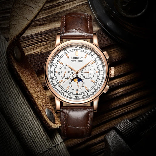 Corgeut 42mm Automatic Mens Watch Rose Gold Case Moon Phase Full Calendar Week Display Leather Strap Stainless Steel