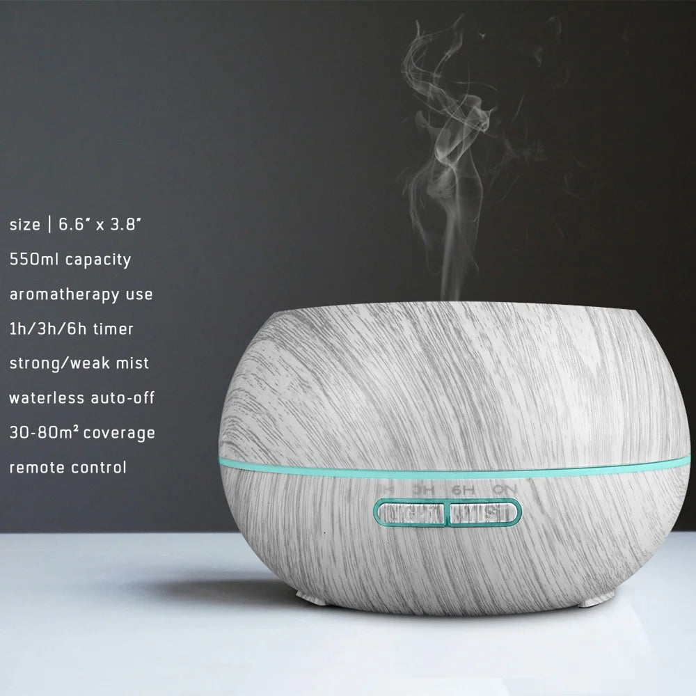 LED Light Ultrasonic Essential Oil Diffuser - With Remote Control & 6 Essential Oil Bottles, Quiet Cool Mist Humidifier