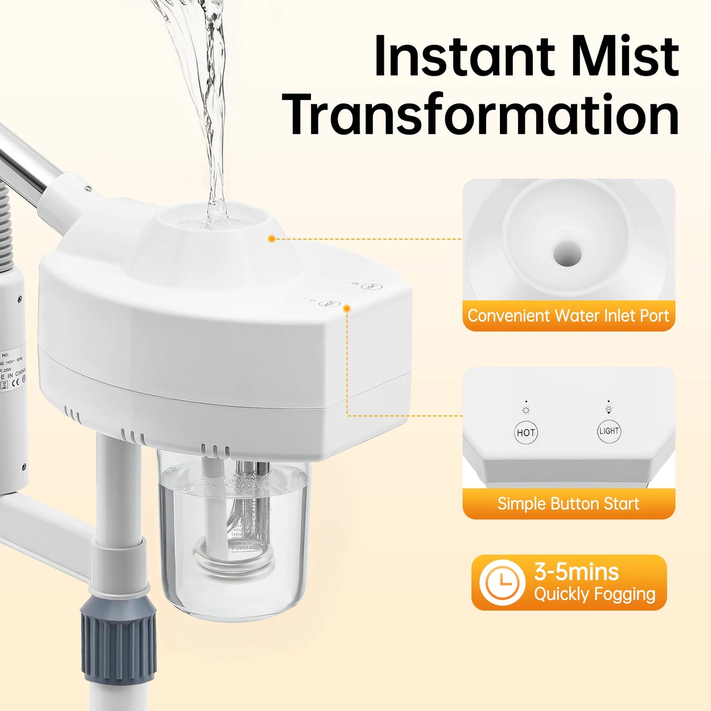 White Professional Facial Steamer,800W 110V 2-in-1 Facial Steamer Beauty Tool, Single Tube Facial Steamer for Skin Care